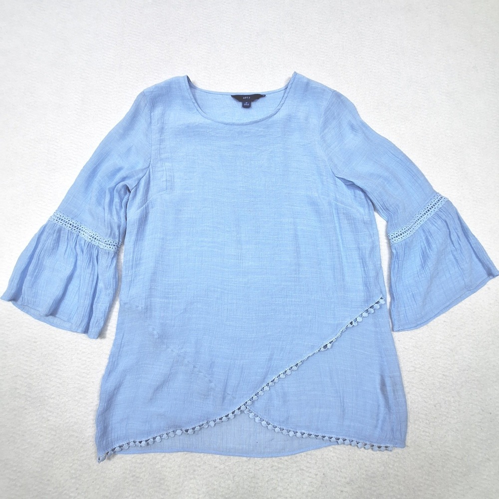 Apt 9 Blouse Womens Medium Chambray Blue Bell Sleeve Crochet Trim Crossover Hem
